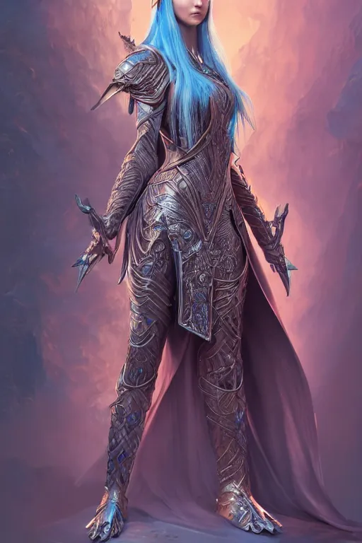 Prompt: a beautiful and highly detailed digital illustration of a female elven paladin with blue hair in rose gold armor, a digital painting by magali villeneuve and karol bak, cgsociety, fantasy art, cryengine, concept art, photorealism, daz 3 d, sketchfab, zbrush, vray