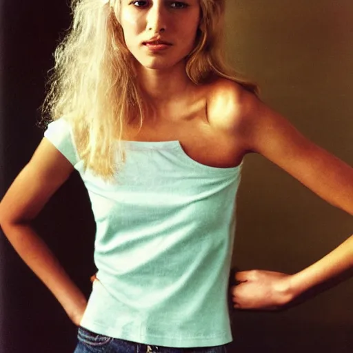 Image similar to photograph by annie leibovitz of olive skinned blonde female in her twenties wearing designer top