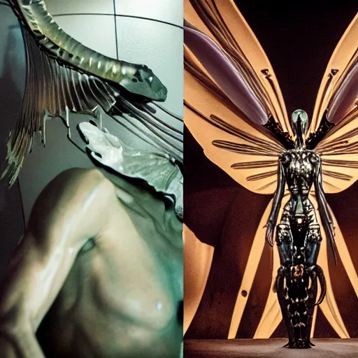 Image similar to still frame from Prometheus movie by Makoto Aida, flying biomechanical angel gynoid by giger, mimicking devil's flower mantis, metal couture by neri oxmn and Guo pei, flying angel editorial by Malczewski and by Caravaggio