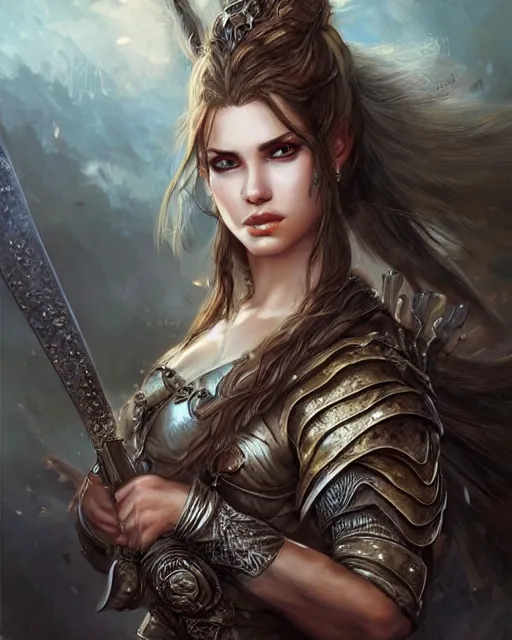 Image similar to a beautiful female warrior, 8 k, hyperrealistic, dragon slayer, hyperdetailed, fantasy portrait by laura sava