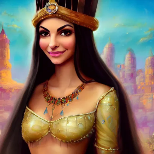 Image similar to a portrait of victoria justice as an arabian princess in a disney movie, crown!! oil painting, pale colors, high detail, 8 k, wide angle, trending on artstation,