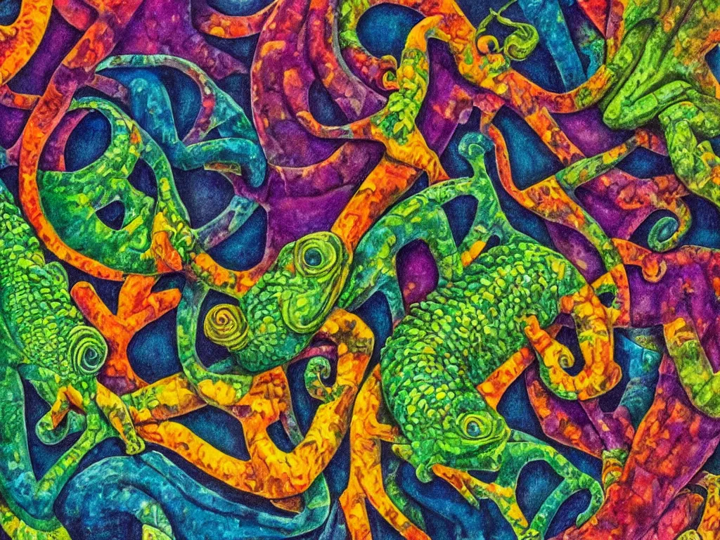 Prompt: chameleon, high detail, highly abstract, vivid colors, a little bit touch of M. C. Escher