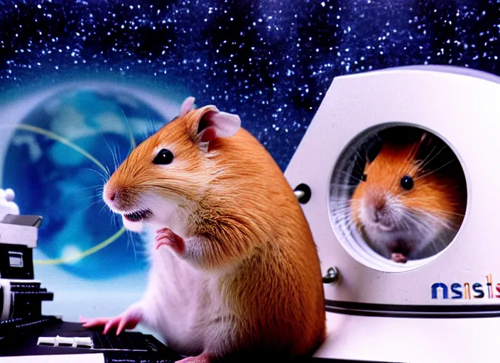 Image similar to film still of a hamster working for mission control at nasa, 8 k