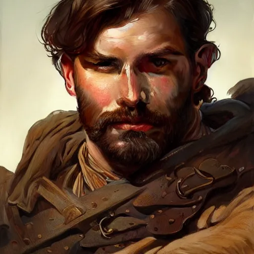 Image similar to portrait of a young rugged ranger, muscular, bust, hairy chest, D&D, fantasy, intricate, cinematic lighting, highly detailed, digital painting, artstation, concept art, smooth, sharp focus, illustration, art by Artgerm and Greg Rutkowski and Alphonse Mucha