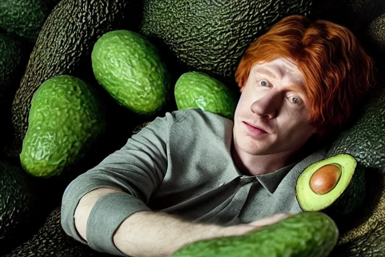 Prompt: an ultra realistic, cinematic, headshot portrait, of ron weasley lying down with an avocado, fantasy, avocado, facial features, background of hogwarts, with trees and rivers, detailed, deep focus, movie still, dramatic lighting, ray tracing, by michal karcz and yoshitaka amano