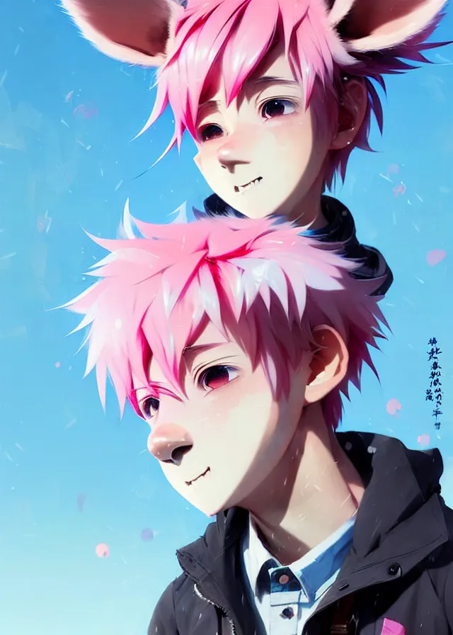 Image similar to portrait of a cute male anime boy with pink hair and pink wolf ears and freckles stylish clothes in a city | | highly detailed digital art painting by cory loftis, fenghua zhong, ryohei hase, ismail inceoglu and ruan jia. artstation, pinterest, volumetric lighting, subsurface scattering, photorealistic, octane render, random artists