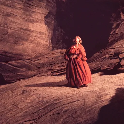 Image similar to photo, a woman wearing a giant wide flowy sheet with a still frame from a vintage western cowboy movie on it, standing inside a dark western rocky scenic landscape, volumetric lighting