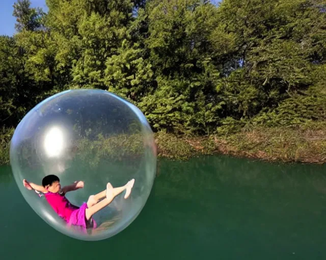 Image similar to boy floating gently down from the sky in a plastic wrapped bubble. aerial footage.