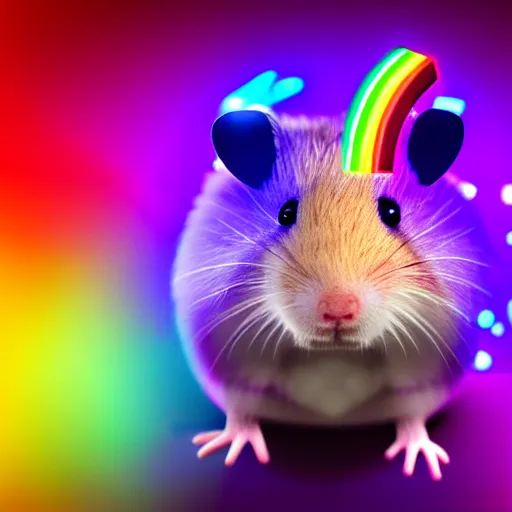 Image similar to cyberpunk hamster made of glowing neon lights holding a rainbow gem crystal, light reflection, 8 k, hd, logo