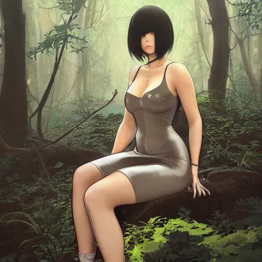 Image similar to full body portrait of 2 b nier automata wearing a skintight dress in a forest, large thighs, perfect face, intricate, elegant, highly detailed, digital painting, artstation, smooth, sharp focus, illustration, art by artgerm and greg rutkowski and alphonse mucha, 8 k