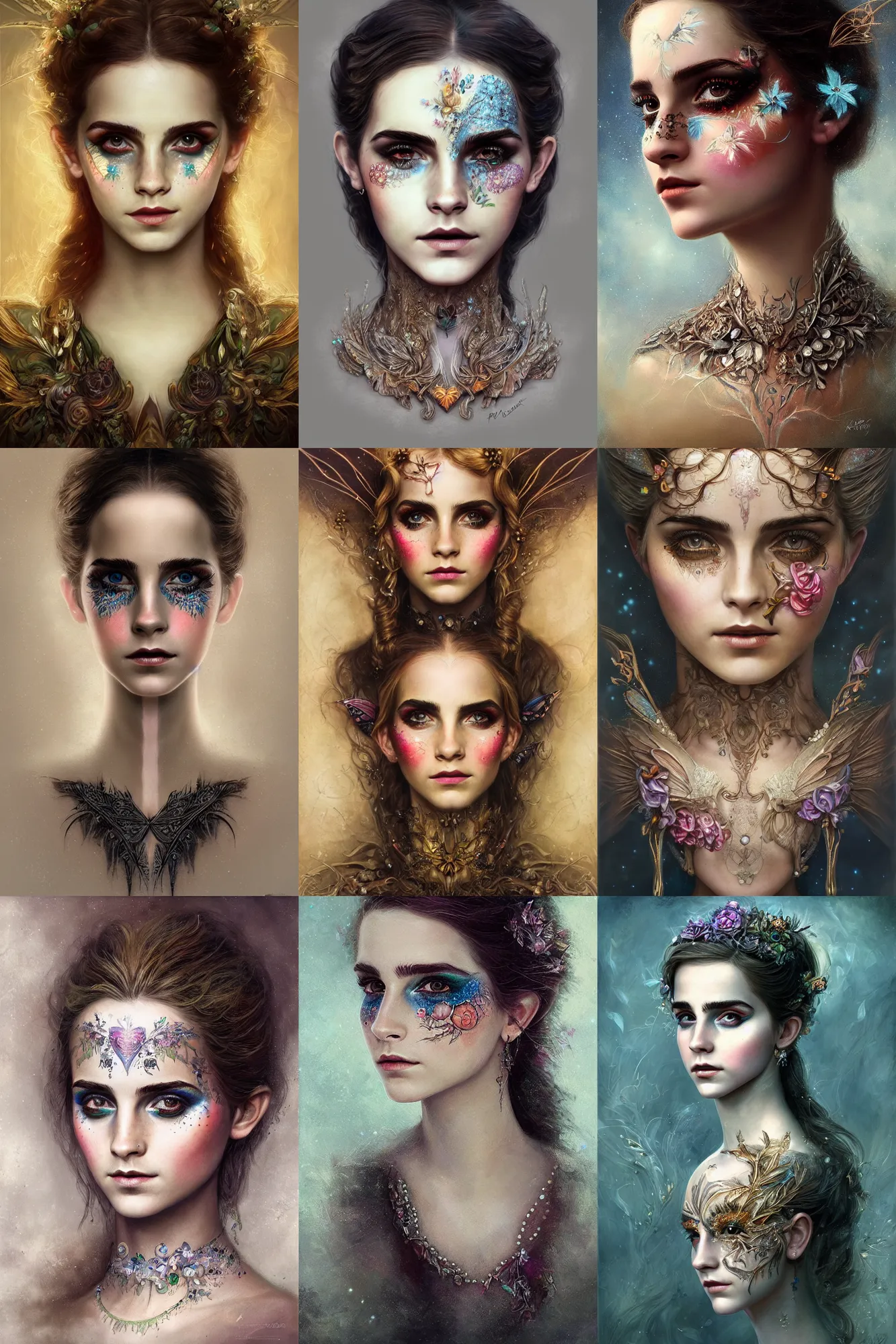 Prompt: portrait of a fairy, symmetric, facepaint facepaint facepaint, intricate jewelry, trending on artstation superresolution, in the style of karol bak and tom bagshaw, bust with face of emma watson