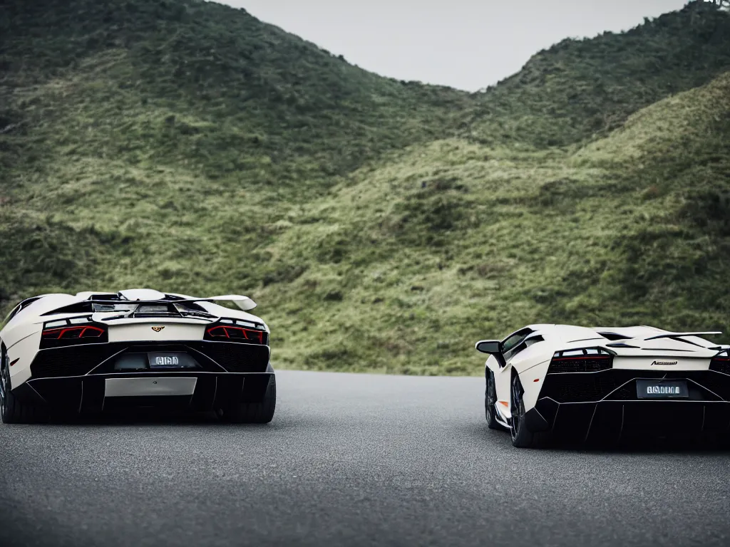 Prompt: a rear shot of a lamborghini aventador with lights on a mountain road, motion blur, 3 5 mm photography, car photography, clean lines, realistic