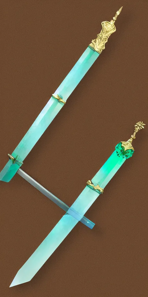 Image similar to photograph of a wide green and teal crystal sword with a big gold sword hilt