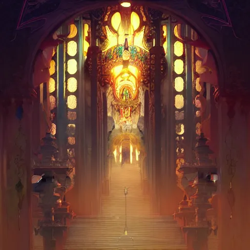 Image similar to beautiful Ameca temple of demon's, intricate, elegant, highly detailed, digital painting, artstation, concept art, smooth, sharp focus, illustration, art by artgerm and greg rutkowski and alphonse mucha and loish and WLOP