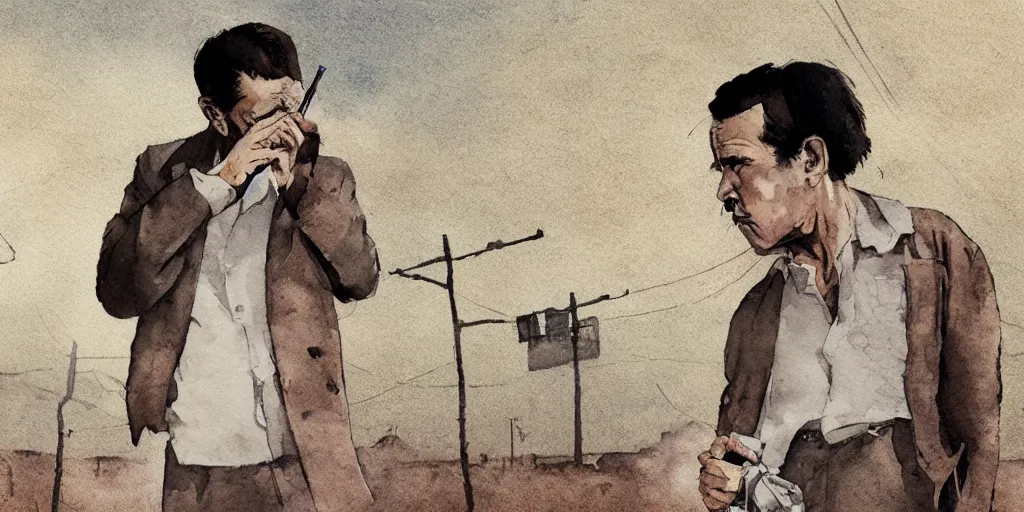 Prompt: incredible wide screenshot, ultrawide, simple watercolor, rough paper texture, katsuhiro otomo Henry Fonda as a 1950s tired poet, barefoot, smoking a cigarette, black smoke, pale beige sky, junk tv, texture, shell, brown mud, dust, tangled overhead wires, telephone pole, dusty, dry, pencil marks, genius party,shinjuku, koju morimoto, katsuya terada, masamune shirow, tatsuyuki tanaka hd, 4k, remaster, dynamic camera angle, deep 3 point perspective, fish eye, dynamic scene