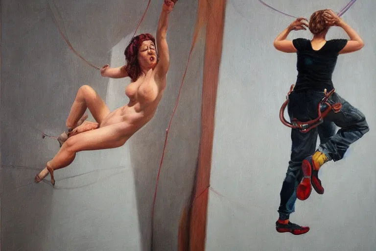 Prompt: hyperrealism, a crazy woman climbs out of a painting, in style of classicism