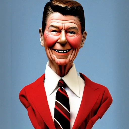 Image similar to ronald reagan as a ventriloquist's puppet, portrait, 8 0 s aesthetic