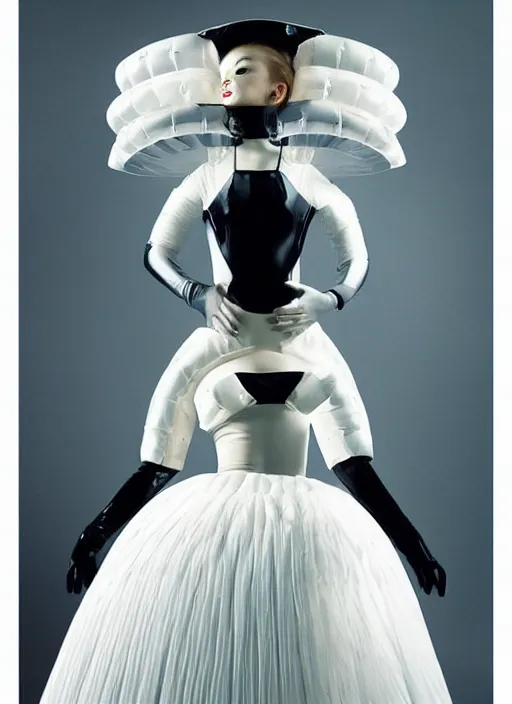 Image similar to an early 0 0's aesthetic digital portrait of a futuristic beautiful russian girl detailed features wearing a latex wedding dress with a puffy skirt designed by balenciaga and issey miyake by ichiro tanida and armin vit