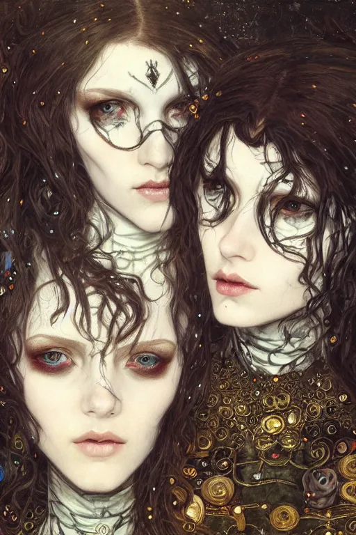 Prompt: portrait of beautiful young gothic maidens, cyberpunk, Warhammer, highly detailed, artstation, illustration, art by Gustav Klimt