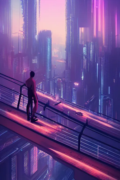 Image similar to a man standing on top of a bridge over a city, cyberpunk art by Vincent Lefevre, behance contest winner, altermodern, cityscape, synthwave, matte painting