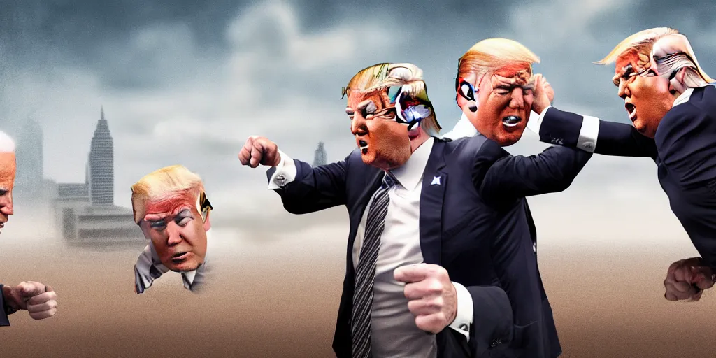 Image similar to donald trump and joe biden having a fist fight, sharp focus, matte painting, illustration, concept art,