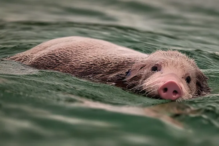 Prompt: a pig sea otter!!! hybrid! hyper realistic!! realistic lighting!! wildlife photographer of the year!!! bold natural colors, national geographic, hd, wide angle, 8 k