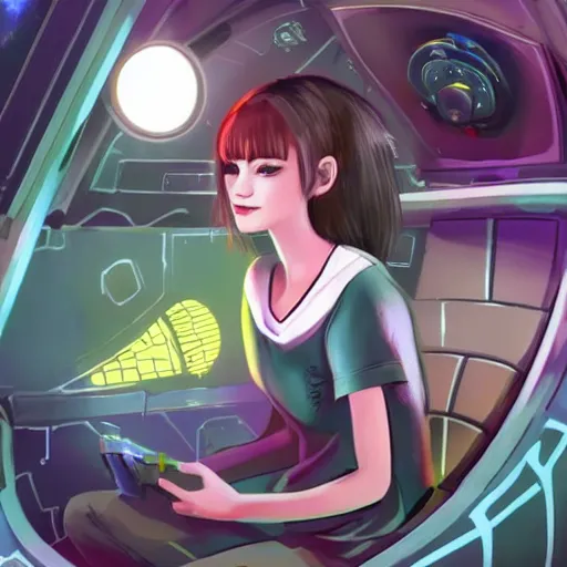 Image similar to really beautiful emo girl playing videogames in a space station in space, hyperdetailed