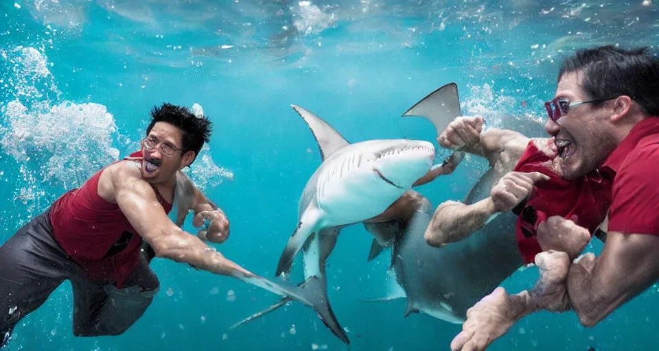 Prompt: Markiplier punching a shark underwater, photograph