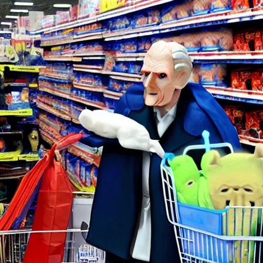 Prompt: emperor palpatine shopping at walmart for a sans the skeleton plushie