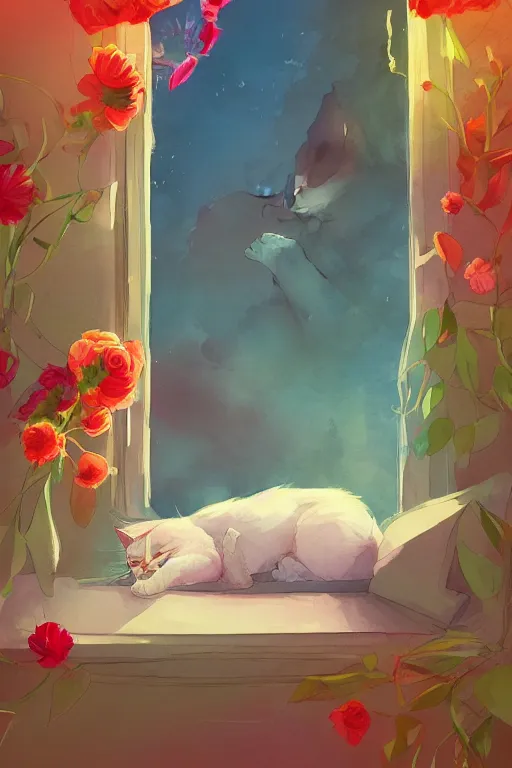 Prompt: a digital art of a cat sleeping in the room with flowers around in the afternoon, the sun shines in, storybook art, watercolor, detailed, cute, by anton fadeev, featured on artstation