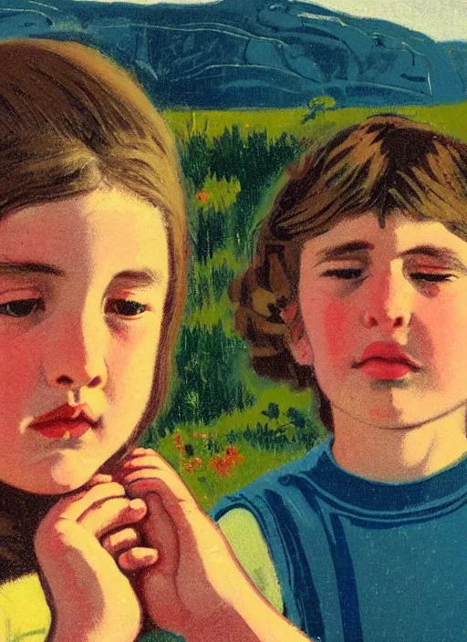 Image similar to an extreme close - up low angle portrait of a young girl and her young brother praying in a scenic representation of mother nature and the meaning of life by billy childish, thick visible brush strokes, shadowy landscape painting in the background by beal gifford, vintage postcard illustration, minimalist cover art by mitchell hooks