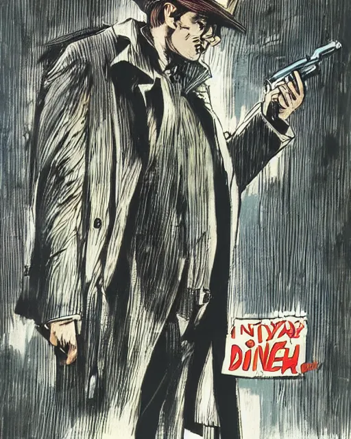 Prompt: detective with revolver, wearing trenchcoat, 1 9 7 0 s nyc, rainy, artwork by frank miller