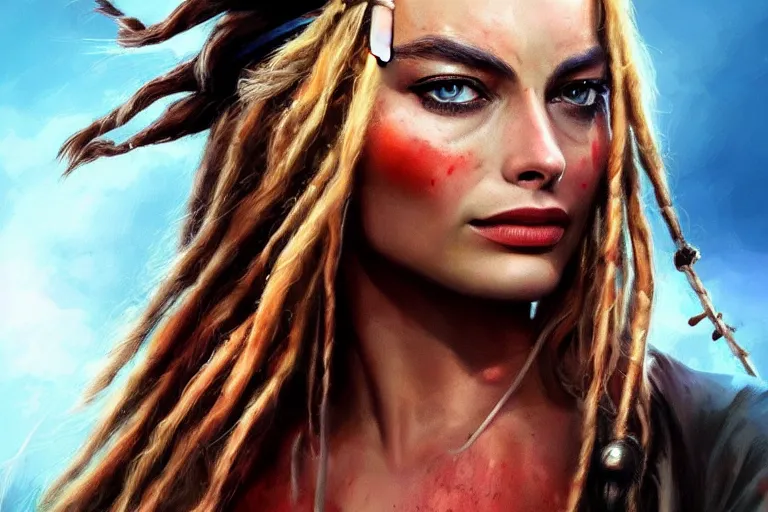 Image similar to beautiful portrait photo of Margot Robbie as Jack Sparrow pirate, elegant, sun shines in the sky, blood in the seahighly, dramatic lighting, detailed, digital painting, artstation, concept art, smooth, sharp focus, illustration, art by artgerm