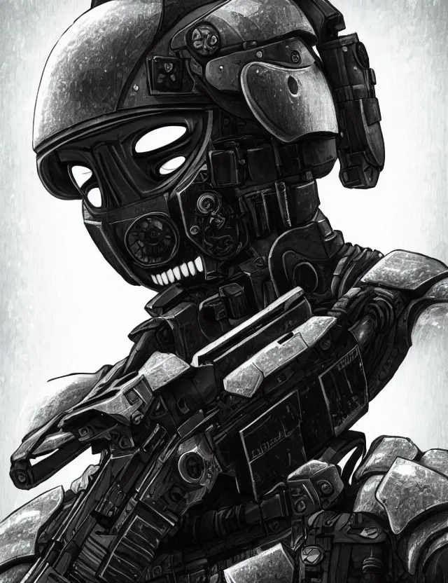 Prompt: a detailed manga portrait of a masked special forces soldier wearing dark advanced cyborg tactical gear, trending on artstation, digital art, 4 k resolution, detailed, high quality, sharp focus, hq artwork, coherent, insane detail, character portrait