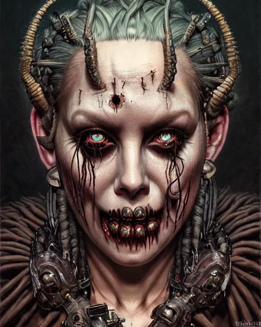 Prompt: junker queen from overwatch, braids, mohawk, character portrait, portrait, close up, concept art, intricate details, highly detailed, horror poster, horror, vintage horror art, realistic, terrifying, in the style of michael whelan, beksinski, and gustave dore