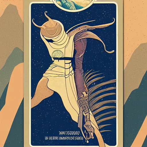 Image similar to majestic dune themed paul atreides messianic tarot card by sachin teng, moebius, artgerm, alphonse mucha, masterpiece, organic painting, matte painting, futuristic geometrical drawing shapes, desert ambience, hard edges, graffiti, poster art by sachin teng