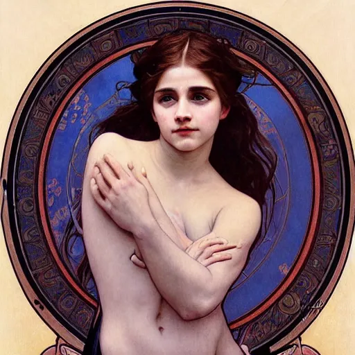 Prompt: detailed portrait art nouveau painting of the goddess of the moon, backlit, who resembles cyborg robot woman Chloe Grace Moretz, and Emma Watson with anxious, piercing eyes, by Alphonse Mucha, Michael Whelan, William Adolphe Bouguereau, John Williams Waterhouse,and Donato Giancola