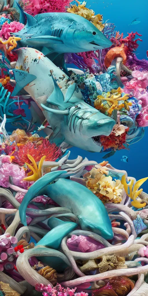 Image similar to closeup photograph of a surrealist sculpture fish intertwined, a lovely cornucopia of flowers and shark, ocean, paint pour, swirling paint, muted color palette, skin tones, highly detailed, octane render, cinematic, super resolution