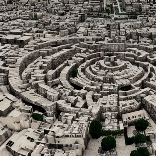 Image similar to ancient goth city with spiral-shaped streets drowns into insanity hyperreality hd 8k plane view