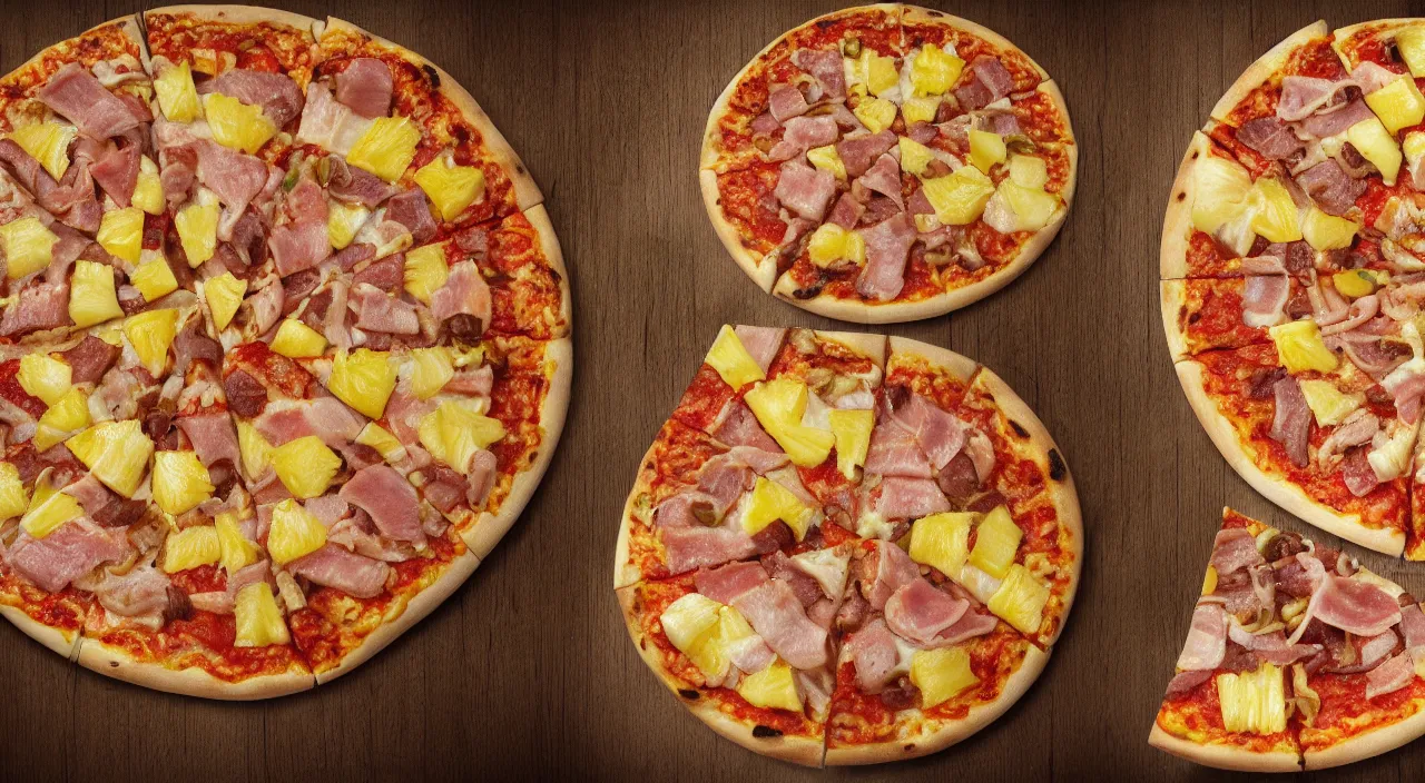 Image similar to one round tasty pizza with pineapple and ham, made in italy, ultra realistic, artstation