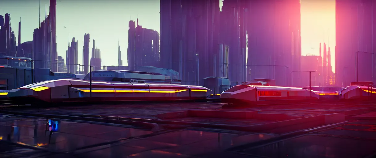 Prompt: futuristic city center with maglev train station in background, modern landscape architectural design for industrialpunk concrete and glass, maroon metallic accents, gorgeous lighting, golden hour, cyberpunk, 2077, dramatic lighting and composition, photography, 8k, origin 100i, star citizen