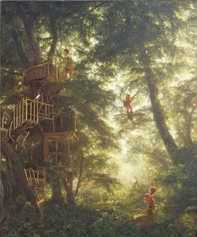 Image similar to masterful oil on canvas painting, eye - level view, shot from 5 0 feet distance, of a kid playing in a treehouse. in the background is a whimsical forest. golden hour, detailed, depth, volume, chiaroscuro, quiet intensity, vivid color palette.