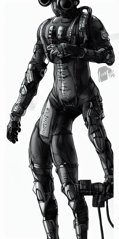 Image similar to full body cinematic shot of a time traveling intelligence agent in a black and greyscale sealed continuity suit, simple and functional with gaiter-style gas mask, resembling splinter cell + metal gear solid by artgerm and wlop