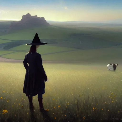 Prompt: a detailed matte landscape painting of a cow standing in a grassy field wearing a witch hat, cow wearing hat!!! viewed in profile and far away, fog in the background, ultrawide lens, aerial photography, black and blue color scheme with gold highlights, art by greg rutkowski and alphonse mucha, artstation, 8 k