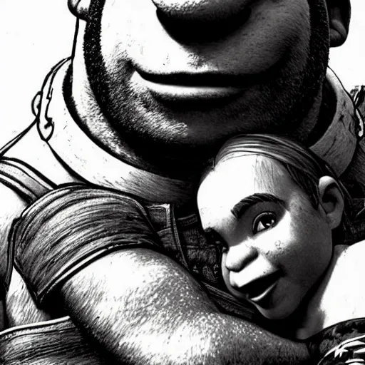 Prompt: beautiful portrait of shrek kissing a minion, concept art by yoji shinkawa, felt tip pen, intricate detail, sharp focus, illustration