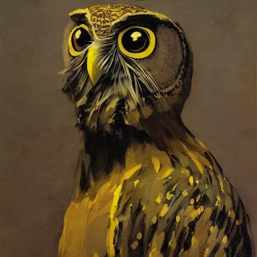 Image similar to shredded physique feathered round neck beak Portrait of Henry James camouflaged as Owl whilst wearing a yellow tuxedo Standing atop a Garbage Truck Greg Rutkowski Vik Muniz clarence holbrook carter Andrew Wyeth Dan Witz