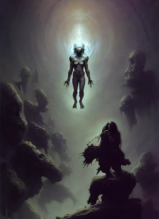 Prompt: shackled in the void of heaven, frank frank frazetta and cgsociety, stunning god sasquatch, charlie bowater and tom bagshaw, insanely detailed, deviantart, space art, atoms surrounded by skulls, death, and spirits deep under the haze smaoke, horror, sci - fi, surrealist painting, by peter mohrbacher