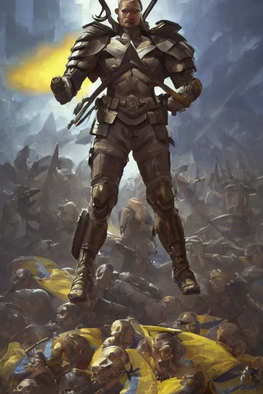 Prompt: A modern super soldier with a trident coat of armor and blue and yellow flag behind him is standing on a pile of skulls with Z character on foreheads, D&D, fantasy, painted character portrait, highly detailed, digital painting, artstation, concept art, sharp focus, illustration, art by artgerm and greg rutkowski and alphonse mucha