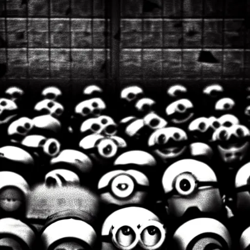 Prompt: The minions minions minions at the Nuremberg trials, monochrome, very low contrast, noise