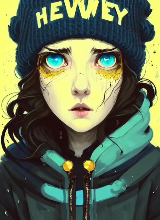 Image similar to highly detailed portrait of a sewerpunk student lady, blue eyes, hoody, beanie hat, black curly hair by atey ghailan, by joe fenton, by greg rutkowski, by greg tocchini, by kaethe butcher, gradient yellow, black, brown and cyan color scheme, grunge aesthetic!!! ( ( dystopian graffiti tag wall background ) )